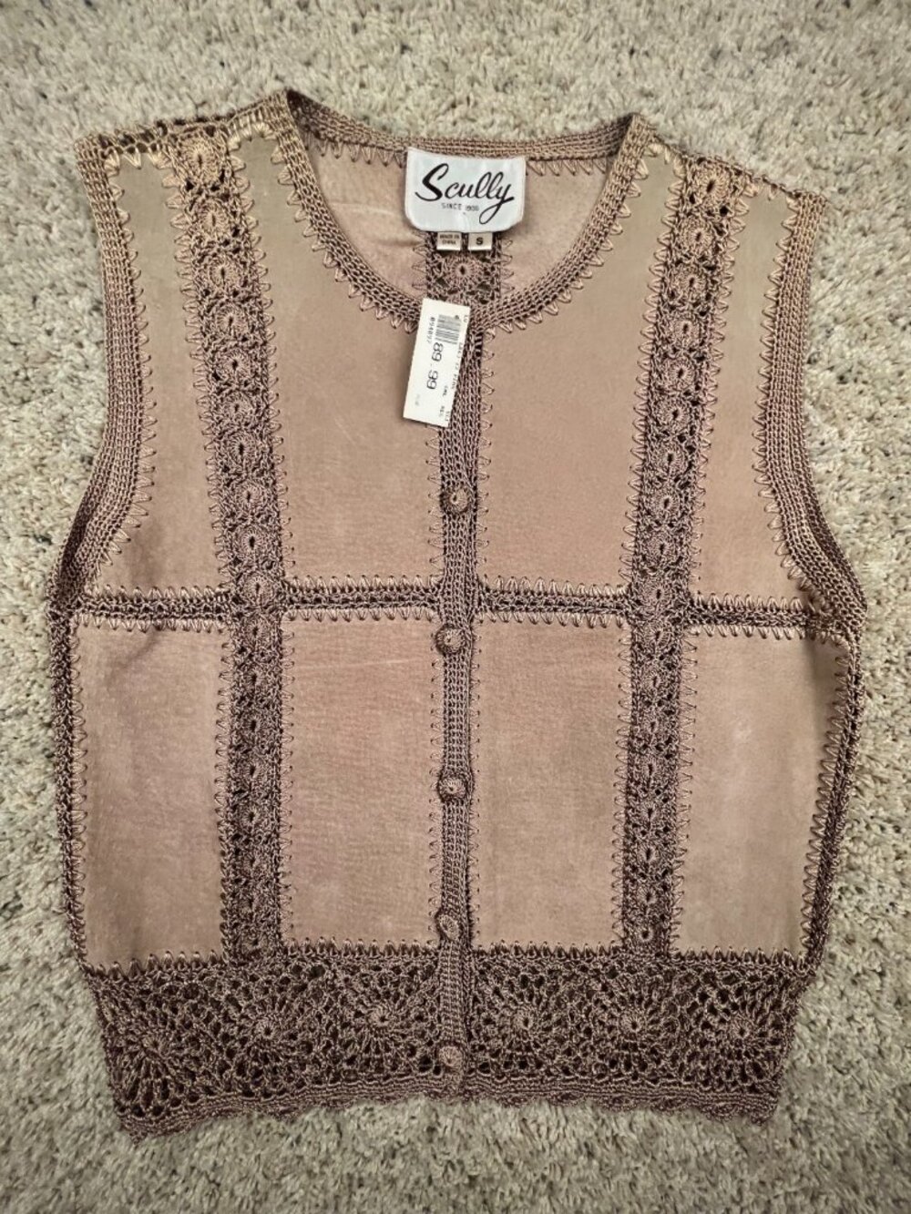 VTG DEADSTOCK SCULLY Leather Vest Button Up Intricate Knit Women’s Button Top